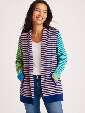 Lands’ End Open Front Striped Cardigan Sweater L 14-16 Colorblock 100% Cotton